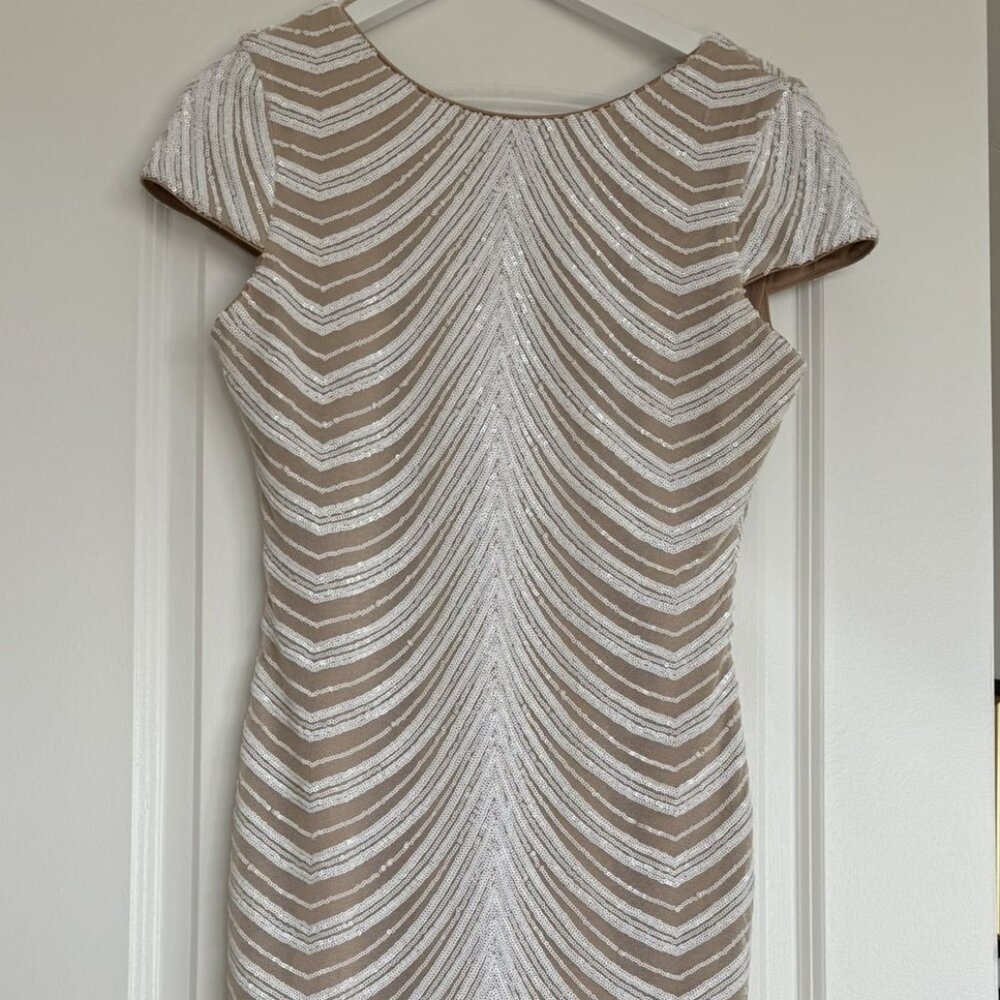 Beaded Formal Dress  Midi White & Nude Embellished White Beads and Sequins